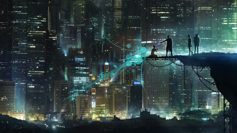 digital composite, built structure, skyscraper, building, office, cityscape, modern, illuminated, real people, city life, architecture, concrete, science fiction