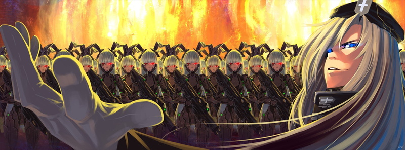 glowing, red, hair, robots, touhou, long, army, guns, yagokoro, blue, military, bangs, weapons, white, open, women, eyes, gloves, ears, 2K, games, nurses