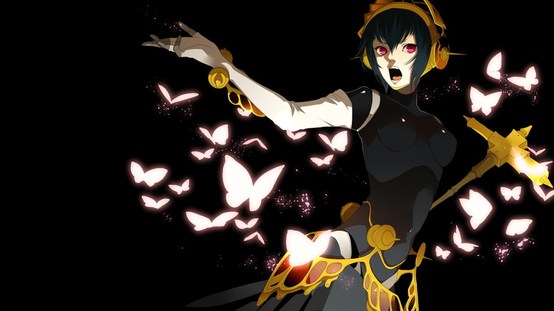 butterflies, headphones, h, girl, weapons, black, eyes, animals, games, video, glowing, android, hd, art, short, brunettes, red, dark, 1080P