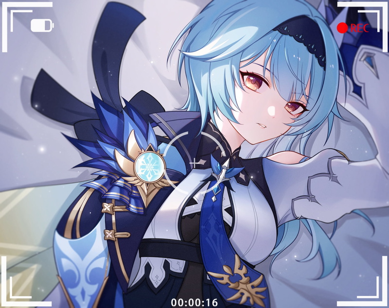 blue hair, head band, 720P, camera, Genshin Impact, Eula(Genshin impact), video game art, blue, yellow eyes, looking at viewer, video game girls, armor