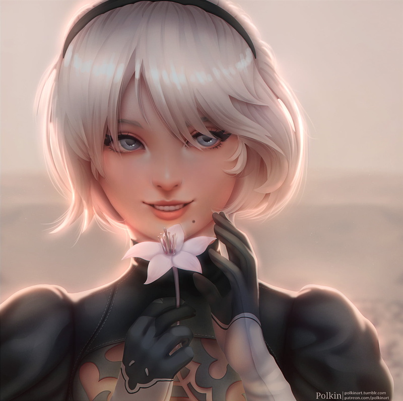 bangs, females, hair, women, beauty, teeth, adult, young adult, anime, portrait, polkin, flowers, Nier: Automata, hairstyle, one person, innocence, 720P