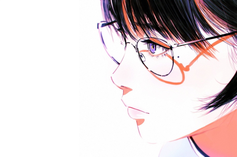 portrait of a girl, glasses, bangs, white background, face, profile, shadow, mole, Ilya Kuvshinov, 1080P