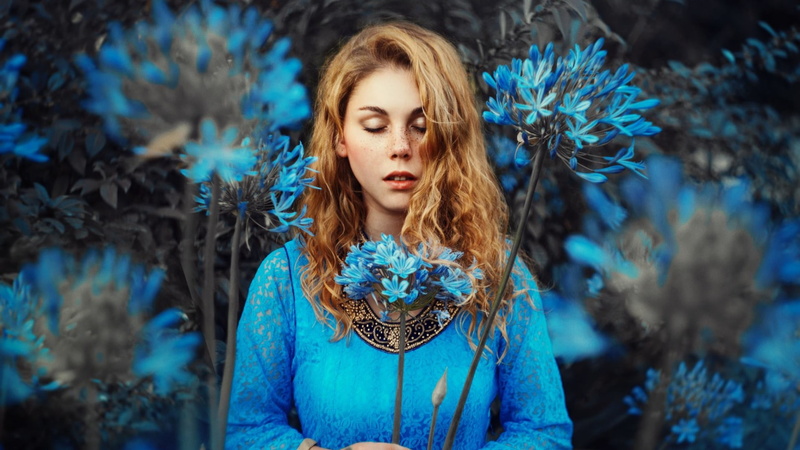 blue, redhead, face, plants, curly hair, portrait, moles, closed eyes, 1080P, women, blue flowers