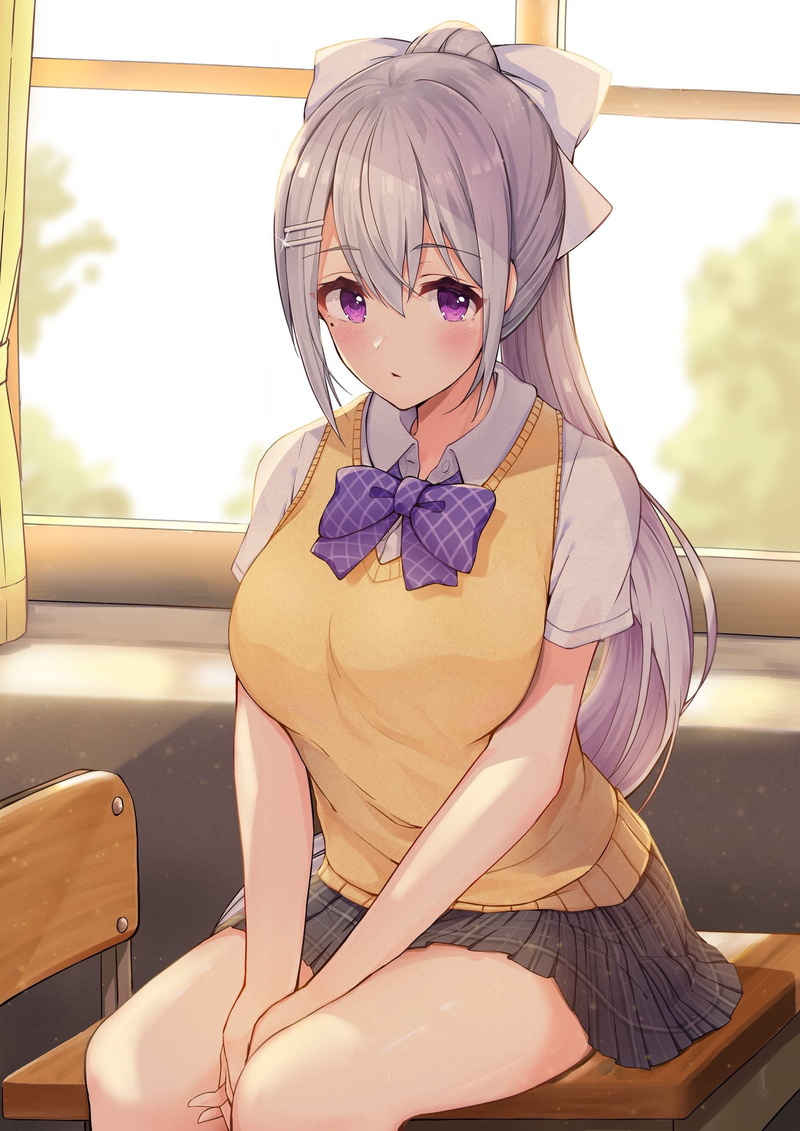 short sleeves, pleated skirt, sitting, anime, bow, bowtie, blush, skirt, uniform, desk, anime girls, miniskirt, 1080P, silver hair, Virtual Youtuber, chair