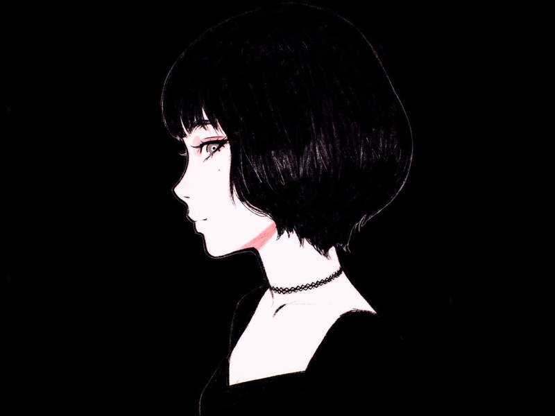 in profile, face, neck shoulders, black and white, Ilya Kuvshinov, portrait of a girl, 1080P, haircut, bangs, chalker, mole
