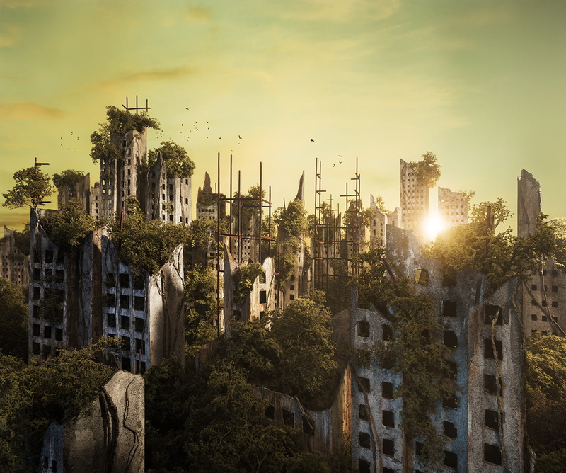 building, apocalyptic, overgrown, digital art, ruin, artwork, trees, Sun, 720P, Kathleen Gerber