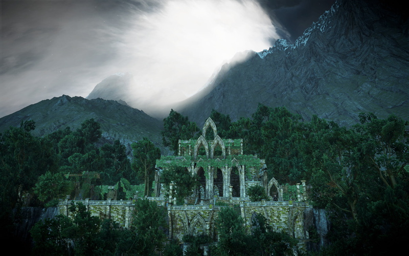 digital art, video games, The Witcher 3: Wild Hunt, 1080P, overgrown, palace, snowy peak, clouds, landscape, mountains, The Witcher, forest, nature, hills