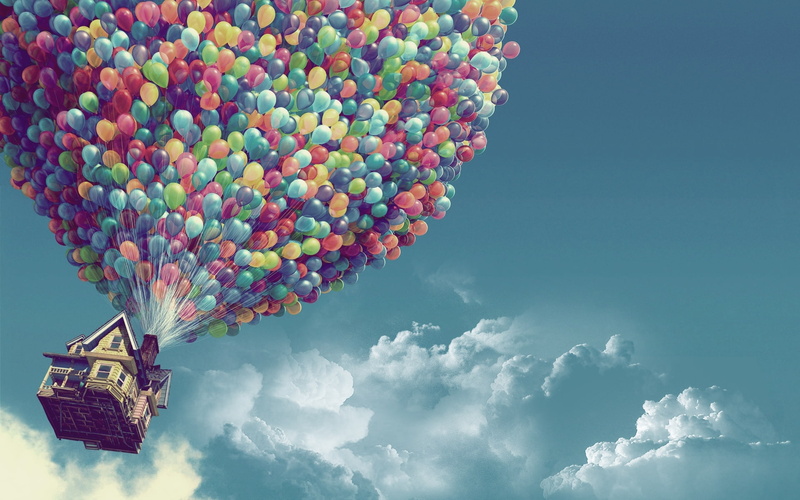 x, houses, Clouds, art, architecture, skyscapes, movie, 1080P, hd, balloons, Pixar