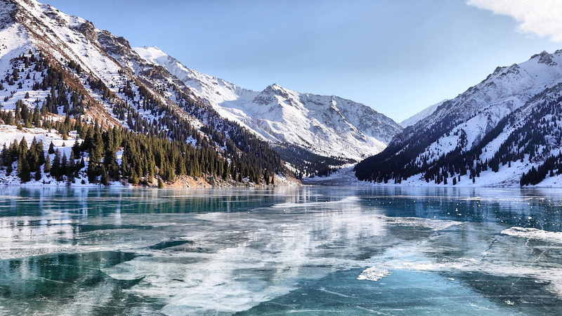 clouds, trees, scenic, hd, mountains, ice, lakes, landscapes, nature, snow, art, x, water, w, frozen, skyscapes, 1080P, winter