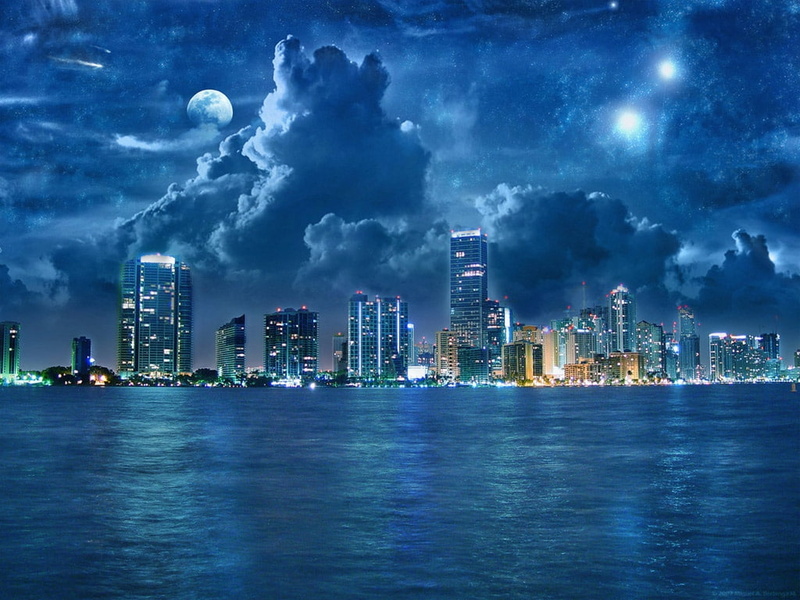 city, 480P, hd, nature, cityscapes, moon, water, clouds, skyscapes, stars, ocean, lights, x, oceans, art