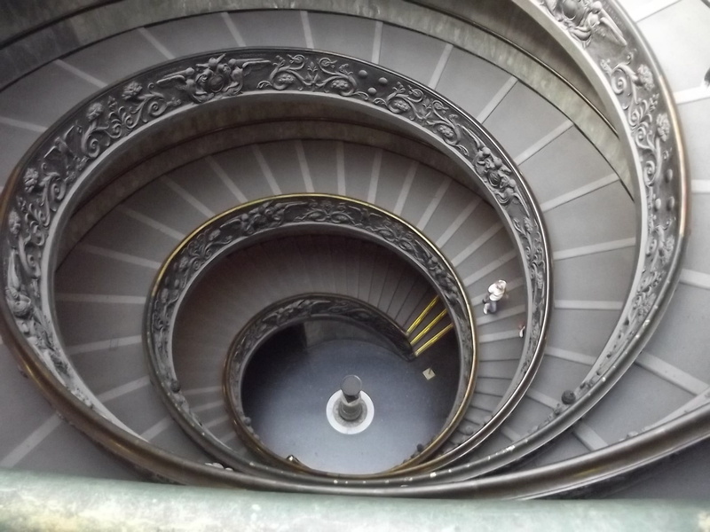 green, gray, staircase, concrete, travel, trees, railing, design, directly above, 1080P, Rome, circle, high angle view, repetition, stairs, architecture