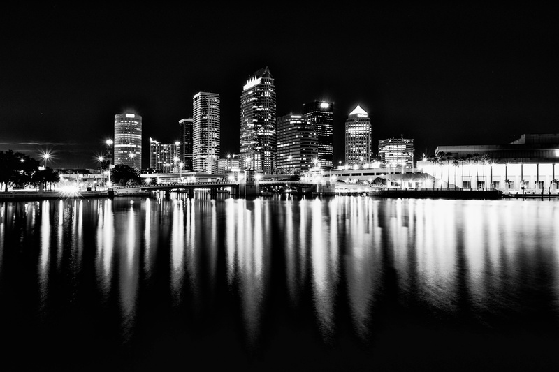 downtown District, urban Skyline, cityscape, 4K, grayscale, Tampa  Florida, reflection, photo, urban Scene, skyscraper, Edit, Fujinon, night, Fujifilm X-Pro1