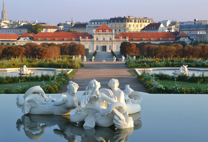 building exterior, mythology, dominique girard olymp, cascade fountain, plant, schlossgarten, nature, history, belvedere, johann lukas von hildebrandt