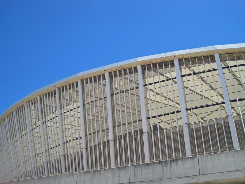 windows, built structure, directly below, moses mabhida stadium, sport, nature, copy space, 2K, day, architecture, metal, structure, clear sky, blue, law
