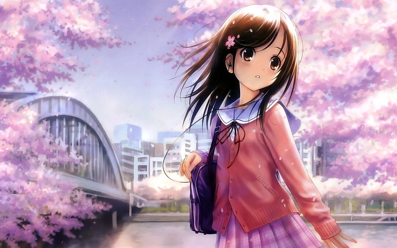 sky, hair, animated, front view, real people, city, one person, purple, three quarter length, standing, brown, pink color, Anime / Animated, young women