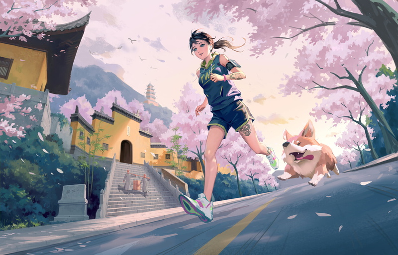 street, women, drawing, running, jogging, cherry blossom, brunette, temple, 1080P, happy, ponytail, dog, Corgi, stairs, anime girls, Wenfei Ye