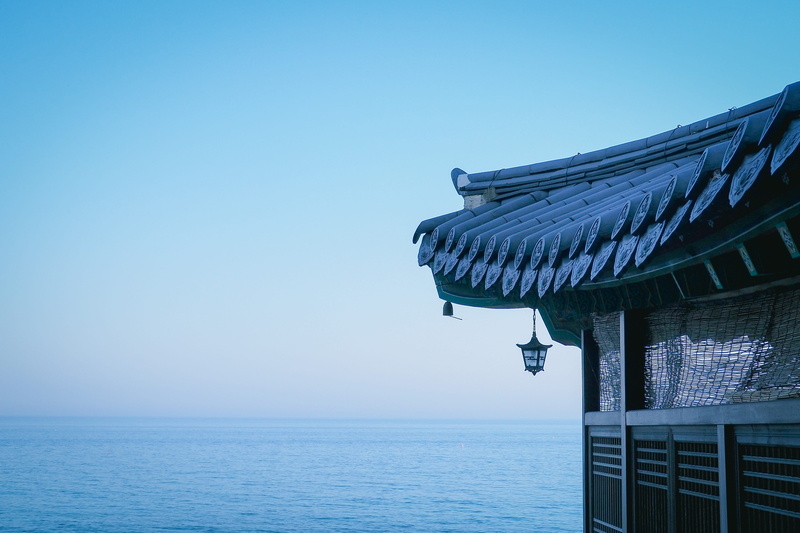 temple, blue, travel, waterfront, tranquility, scenics - nature, building exterior, clear sky, korea, traditional, yangyang, sky, naksansa, south korea