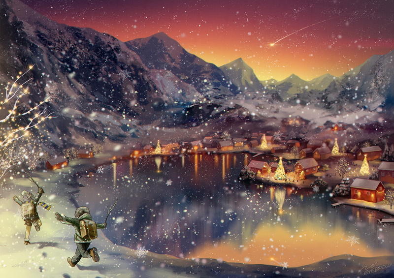 scenics - nature, winter, landscape, star - space, nature, mountains, snowing, children, astronomy, sunset, snow, water, lake, playing, outdoors, cold temperature