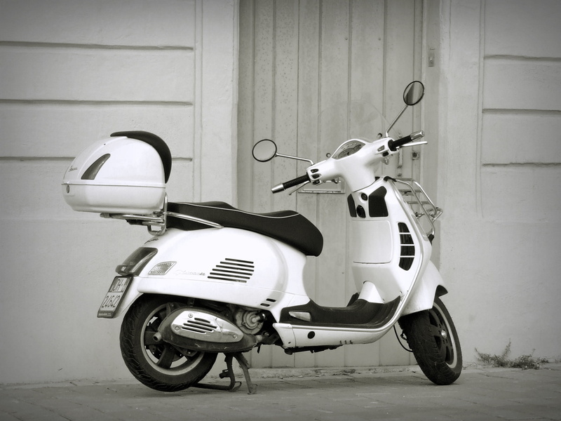 selective, moped, black white, vehicle, wall - building feature, motor vehicle, stationary, car, building exterior, Scooter, modern, ride, design, chic
