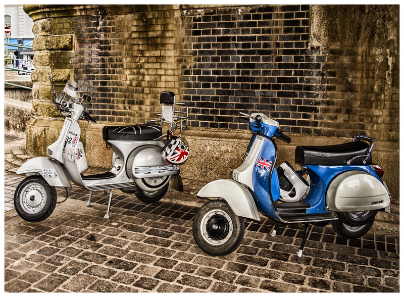 no people, moped, wall - building feature, style, luxury, architecture, built structure, helmet, wall, urban, transfer print, stationary, day, bricks, vintage