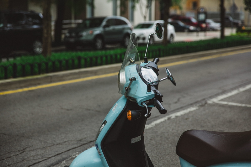 moped, teal, land Vehicle, helmet, city Life, 5K, focus, on the side of the road, parking, urban Scene, motor, mode of transportation, black, photography