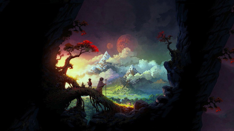 the wormworld saga, fantasy art, moons, 1080P, wormworld, children, artwork, clouds, saga, trees
