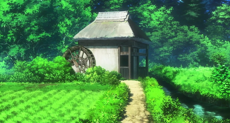 river, Non Non Biyori, trees, land, nature, foliage, painting, 720P, day, grass, tranquility, transportation, growth, lush foliage, plants, house, built structure
