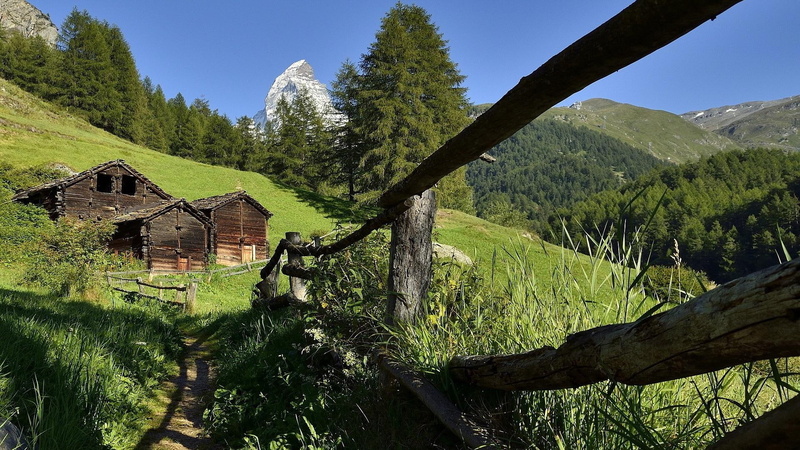 trees, leaved, wooden, mountains, fence, 1080P, shacks, alps, nature and landscapes, green