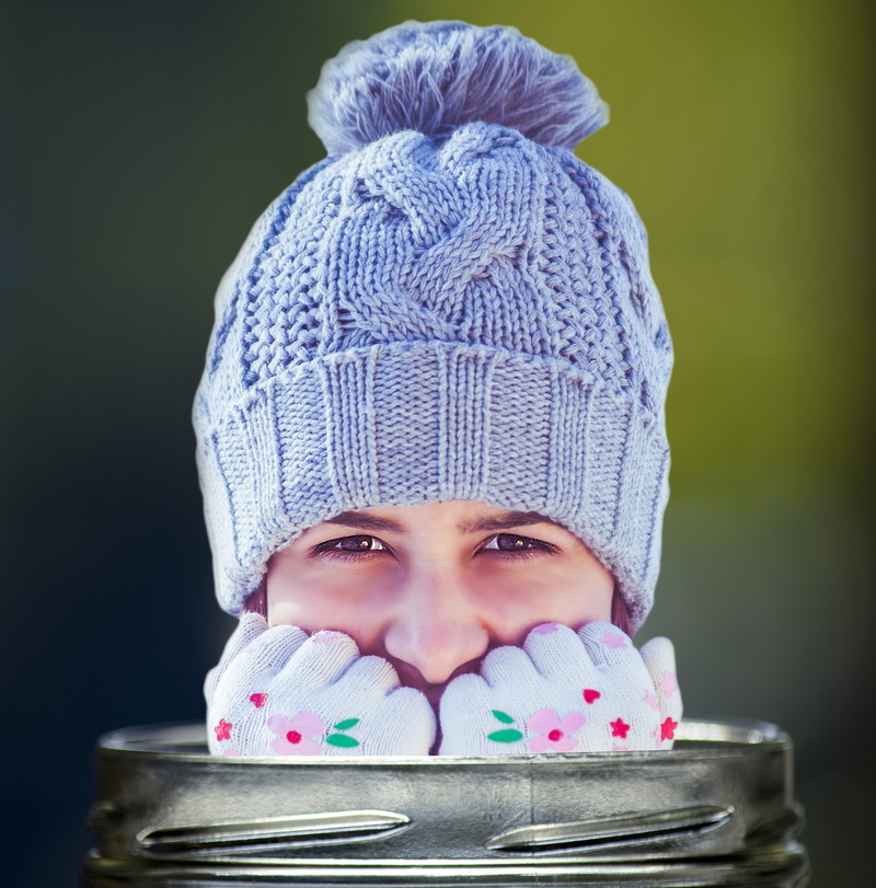 cute, photo montage, portrait, jar, men, headshot, warm clothing, lifestyles, hat, glassware, gloves, image, blue, snowflakes, girl, one person, real people