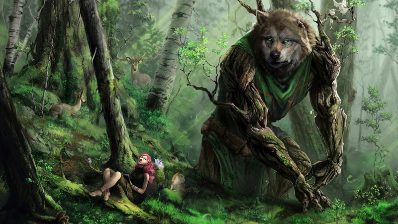huge, fantasy art, outdoors, trunk, tree, digital art, woman, day, portrait, looking at camera, plant, animal wildlife, lying, wolf, mammal, 1080P, growth