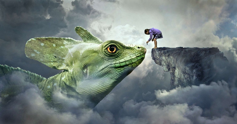 lizard, composing, land, side view, clouds, climbing, digital composite, child, girl, young adult, 1080P, feeding, full length, fantasy, sky, friendly