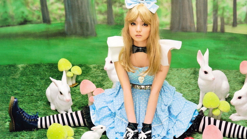 cute, long hair, field, Asian, females, hair, women, polka dots, Alice in Wonderland, mushroom, sitting, 1080P, outdoors, representation, trees, blonde