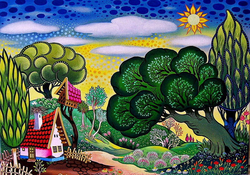 spring has come, Fairy world, 1080P, the artist Laszlo Kodaly (Hungary), tale, bright colors, naive painting, humorous drawings, the sun-sky-cloud-houses-trees-flowers-spring