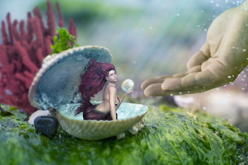 young women, outdoors, mermaid, nature, water, selective focus, underwater world, 4K, adult, give, real people, fantasy, mussel, imagination