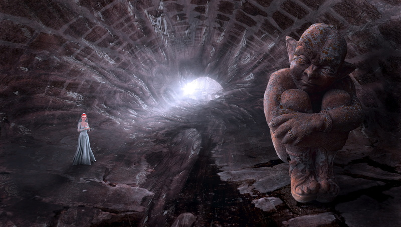 gatekeeper, dream, vault, grotto, weathered, sculpture, mysticism, mythical creatures, princess, gloomy, religion, spirituality, girl, fantasy, gang, stones
