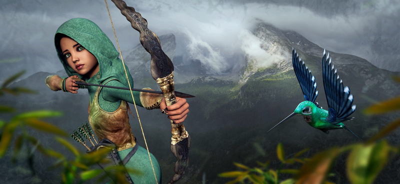 outdoors, arrow - bow and arrow, hunting, holding, fog, hunter, archer, childhood, mountains, elbe, men, light, fairy tales, elf, 5K, adventure, beauty