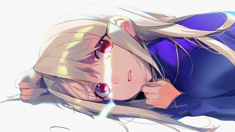 white hair, anime girls, 1080P, anime, red eyes, lying on front, blonde, Fate/Stay Night, Imp, Illyasviel von Einzbern, Fate Series, schoolgirl