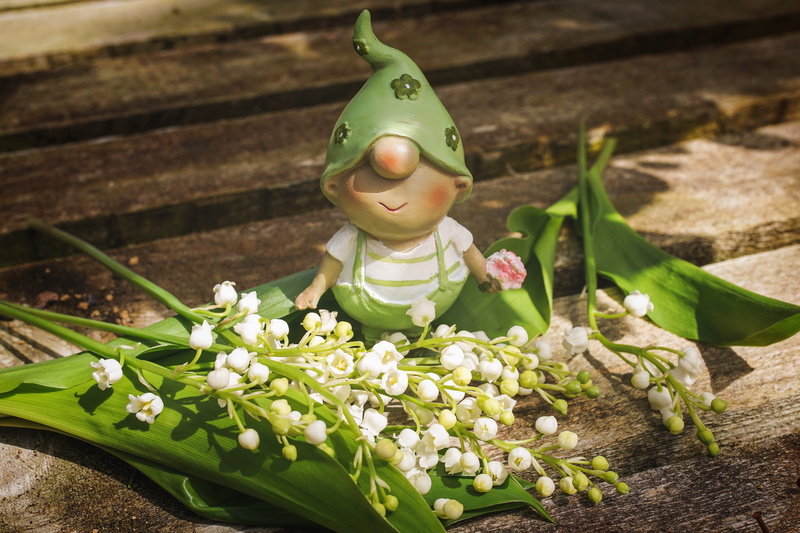 dwarf, figurine, high angle view, nature, lily of the valley, may, postcard, green color, 5K, white, fragrance, no people, spring flowers, bright, religion