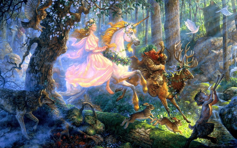girl, imp, pigeons, forest, art, wolf, deer, unicorn, 720P, hares