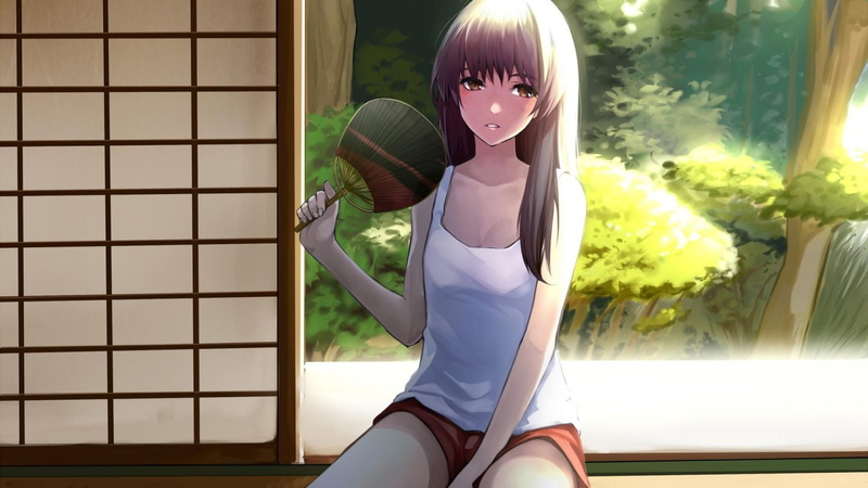 anime, japanese, sitting, trees, fans, japanese anime, 1080P, girl, houses
