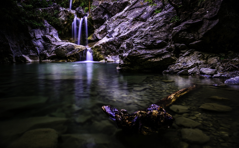 torrent, outdoors, mood, dark, no people, water, flowing water, 5K, atmosphere, pond, tranquility, beauty in nature, purple, autumn, rock formation, land