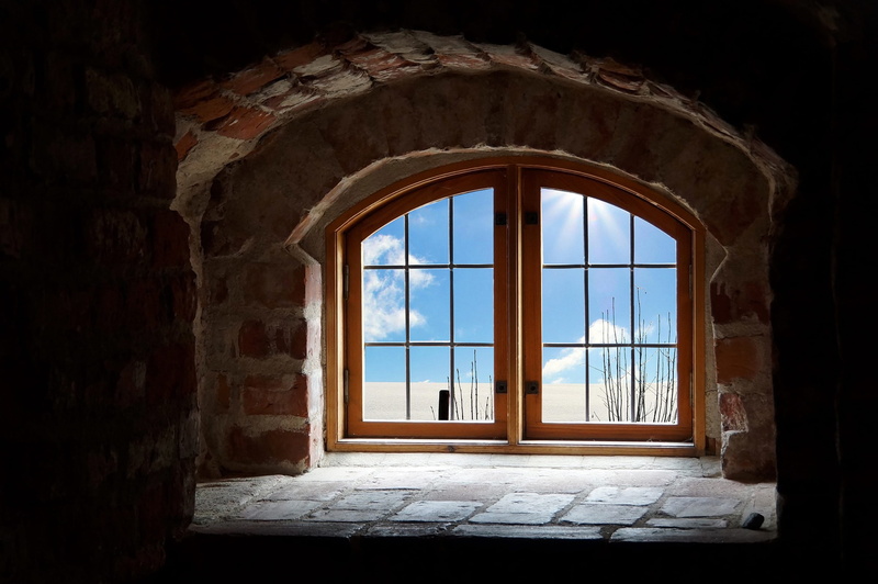 landscape, facade, outdoor, entrance, recess, scene, wooden, sun, window frame, wall, snow, rays, building, indoors, history, clouds, brick, attic, old