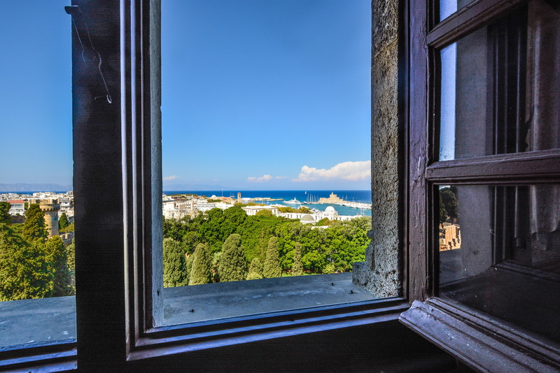 sea, view, rhodes, looking through window, no people, open, built structure, day, plant, greece, building, mediterranean, tranquil scene, window frame