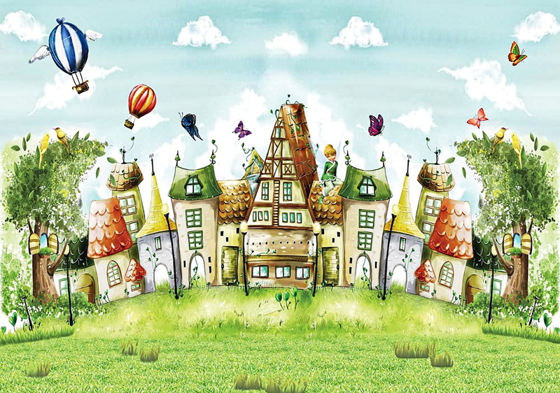 fairy, houses, art, fabulous city, trees, balloons, summer fairy, 1080P, butterfly, birds, figure, clouds