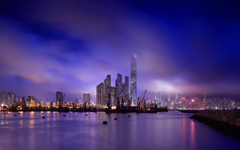 harbor, city, fabulous, night, foggy, 2K