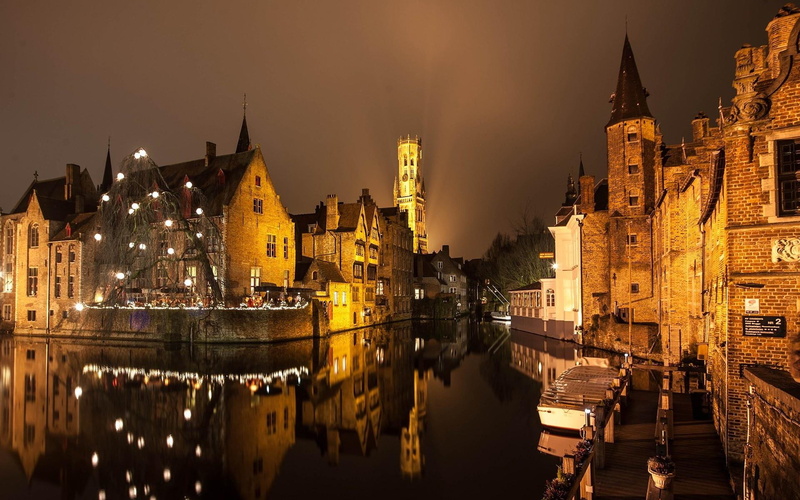 buildings, brugge, 1080P, 1080p, architecture, night, canal, water, lights, p, reflection, hd