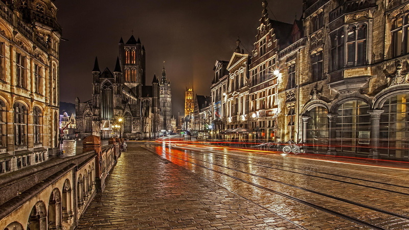 travel destinations, canal, building exterior, nautical vessel, city, Belgium, 1080P, bridge, nature, transportation, place of worship, built structure
