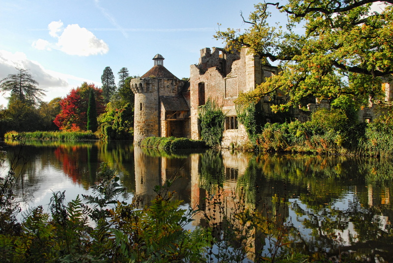 reflection, outdoors, the past, medieval, place of worship, manor-house, garden, concrete, scotney castle, building, reflection lake, religion, built structure