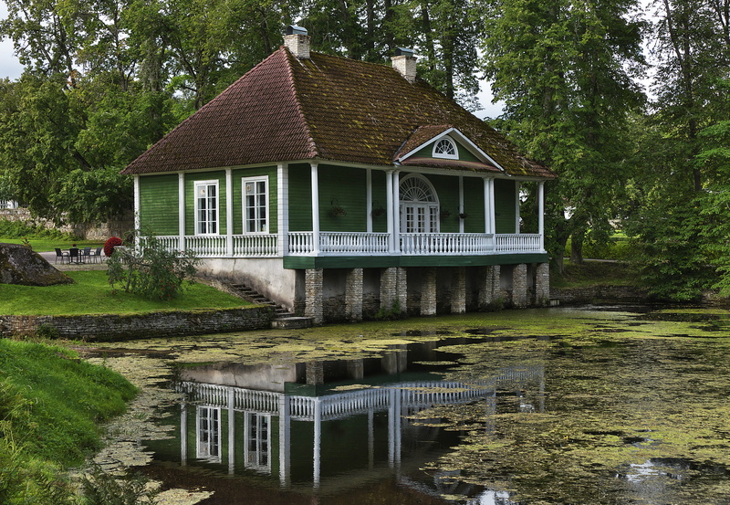 summer house, tree, mood, manor house, water, painted, nostalgic, castle, nature, building, brown, outdoors, baltic states, built structure, green, reflection