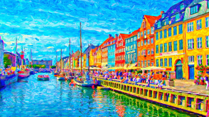 harbour, copenhagen, tourists, architecture, 1080P, nature, painting, built structure, outdoors, cloud - sky, reflection, no people, city, tourism, leisure